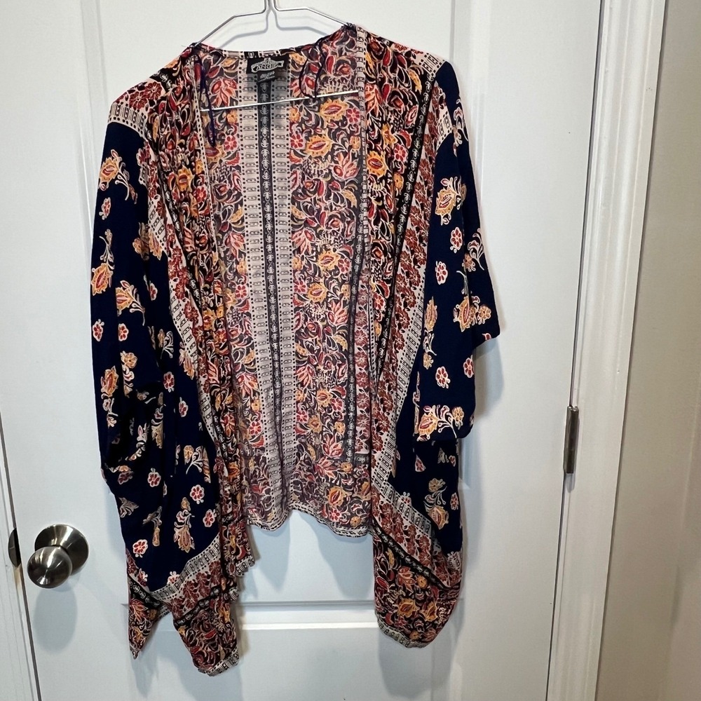Angie Womens Kimono Cardigan Floral Paisley Print Navy Blue Size L